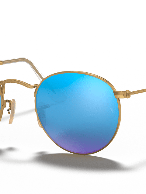 Ray-Ban Sunglasses Man Round Flash Lenses - Gold Frame Blue Lenses 50-21 Polarized