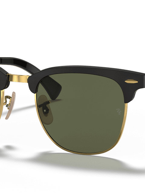 Ray-Ban Sunglasses Unisex Clubmaster Aluminum - Black On Gold Frame Green Lenses 51-21 Polarized