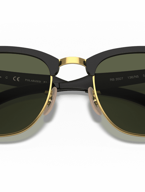 Ray-Ban Sunglasses Unisex Clubmaster Aluminum - Black On Gold Frame Green Lenses 51-21 Polarized