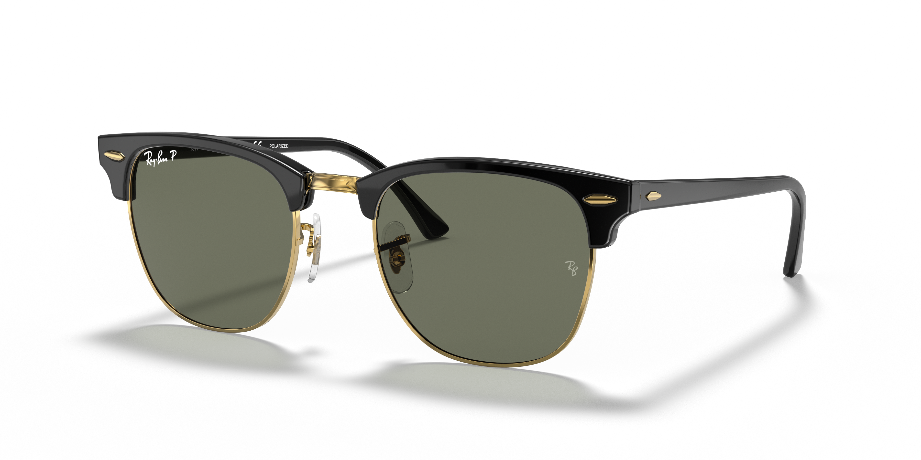 Ray-Ban Sunglasses Unisex Clubmaster Classic - Black On Gold Frame Green Lenses 51-21 Polarized