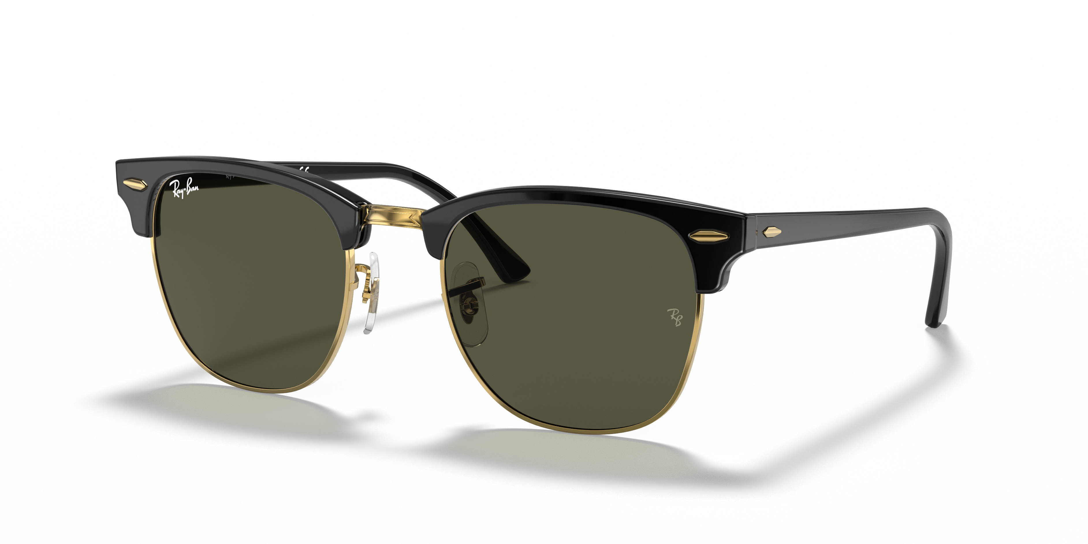 Ray-Ban Sunglasses Unisex Clubmaster Classic - Black On Gold Frame Green Lenses 49-21