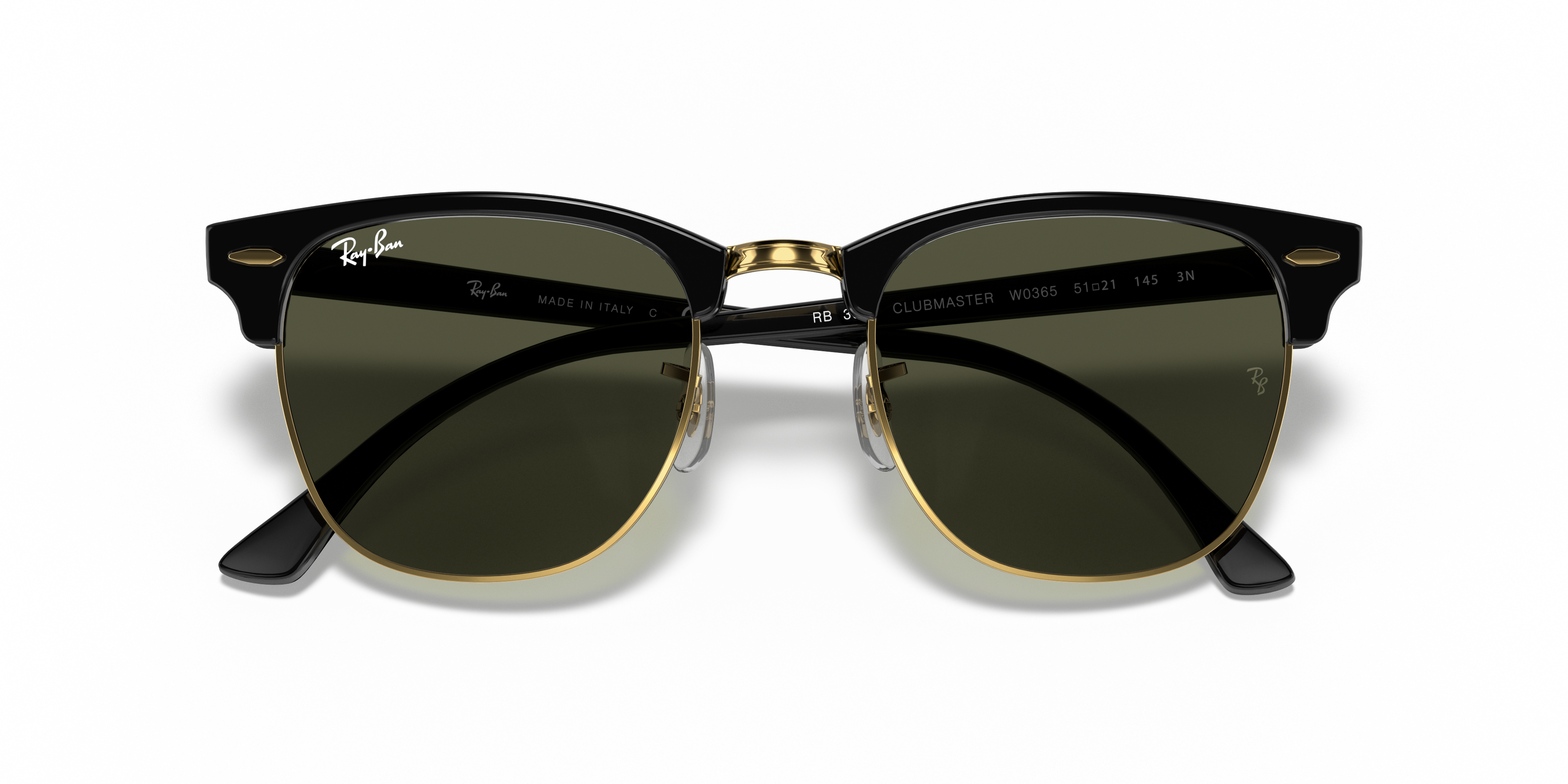 Ray-Ban Sunglasses Unisex Clubmaster Classic - Black On Gold Frame Green Lenses 49-21